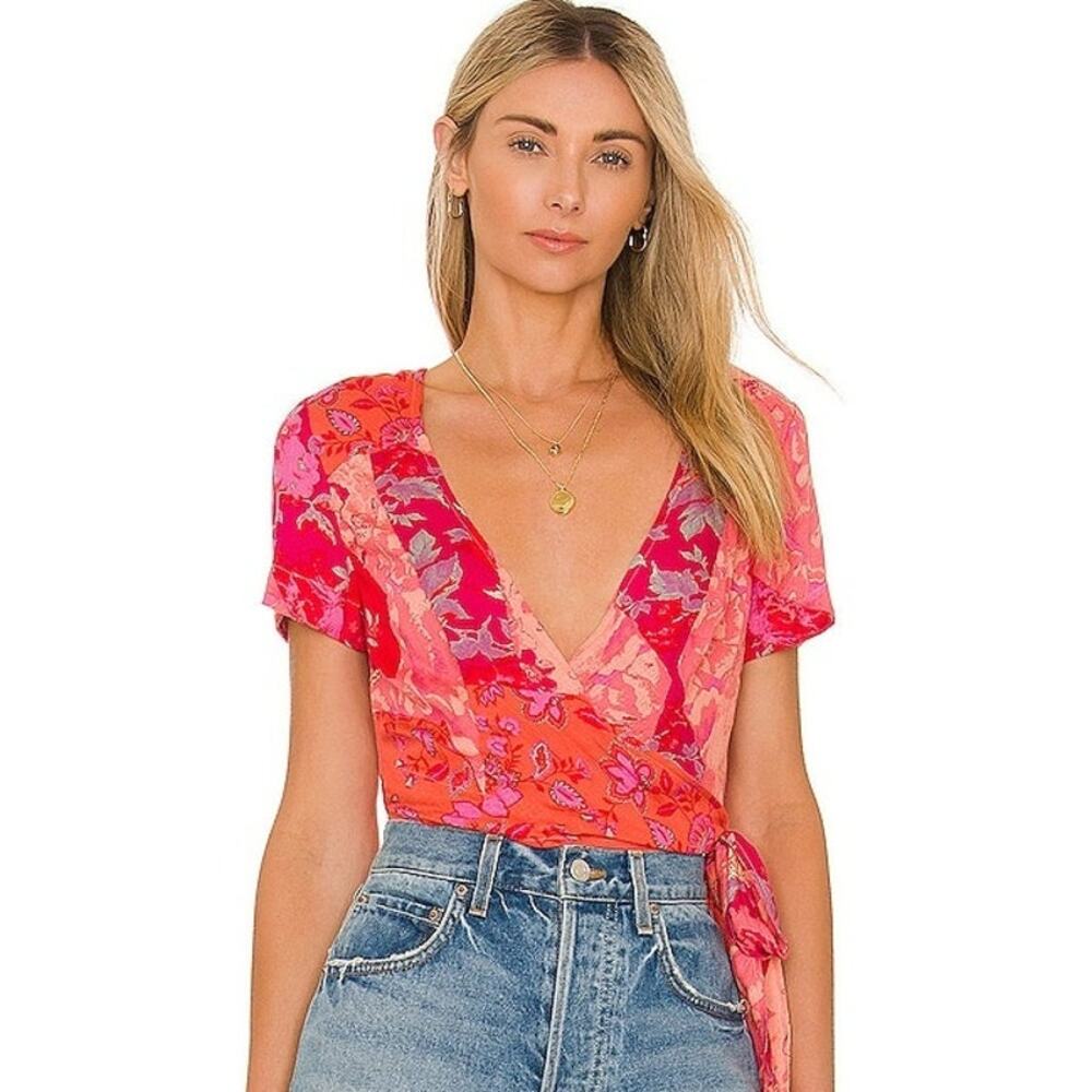 Free People Ashley Top SZ Large Fun Combo Wrap Crop NWT Red Boho Floral Waist